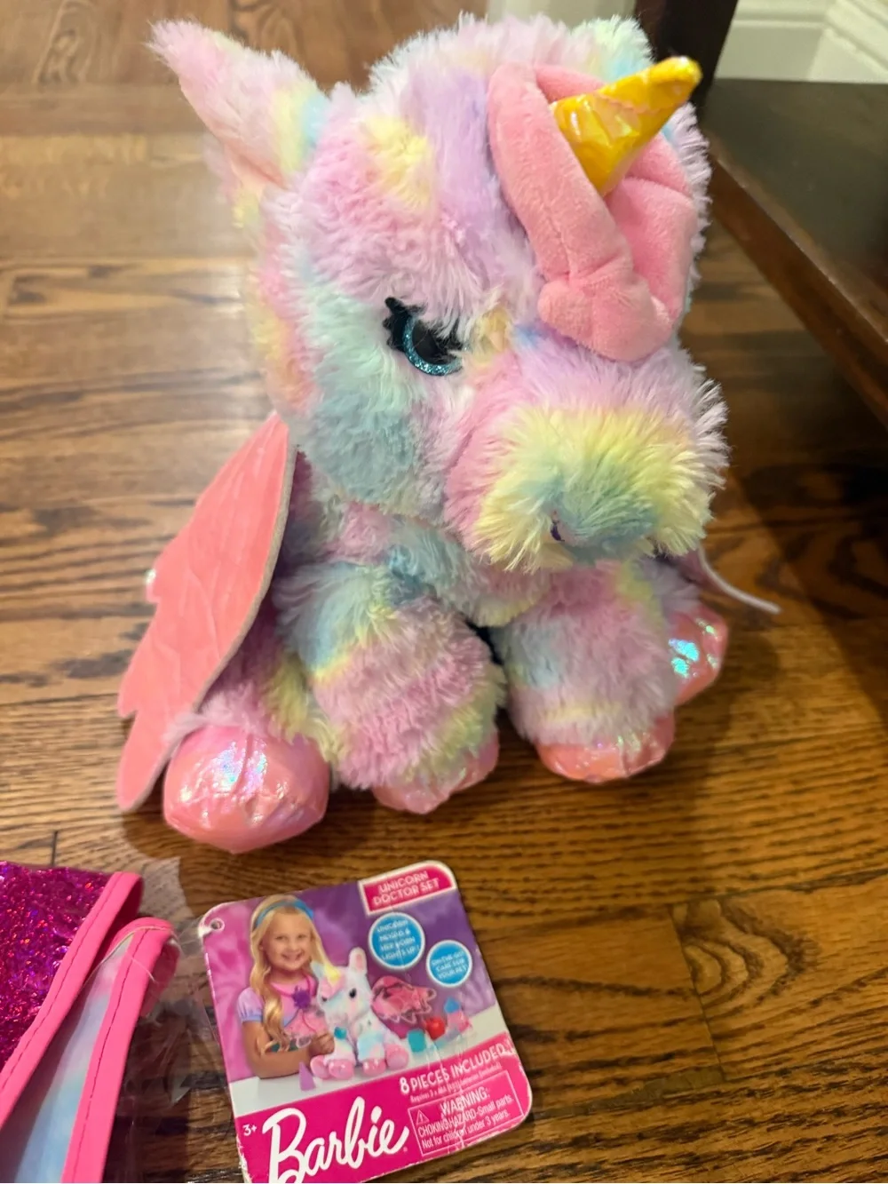 Barbie Bright Pink Glitter Star Bag with Pastel Multicolor Plush Unicorn